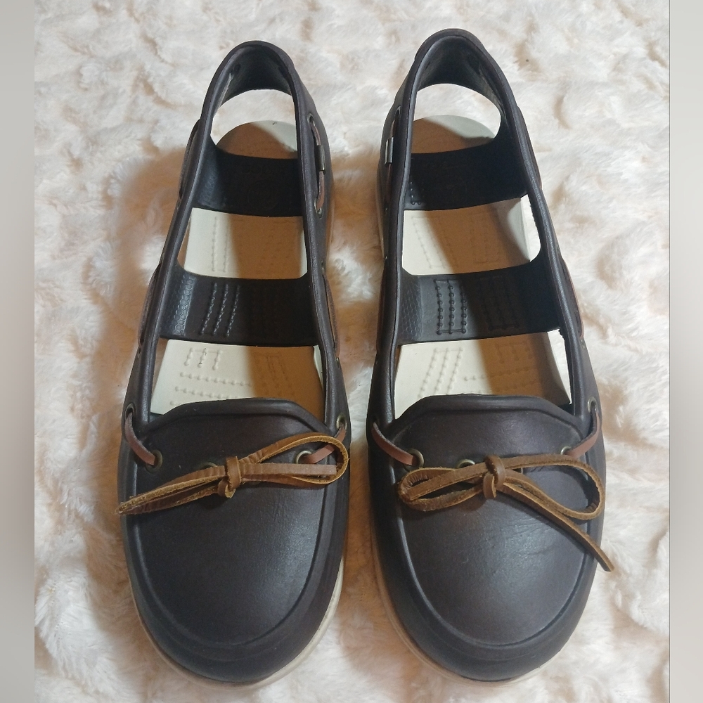Crocs Womens Beach Line Boat Shoes Size 9 Brown Tan Moccasin Loafer Slip On Flat
